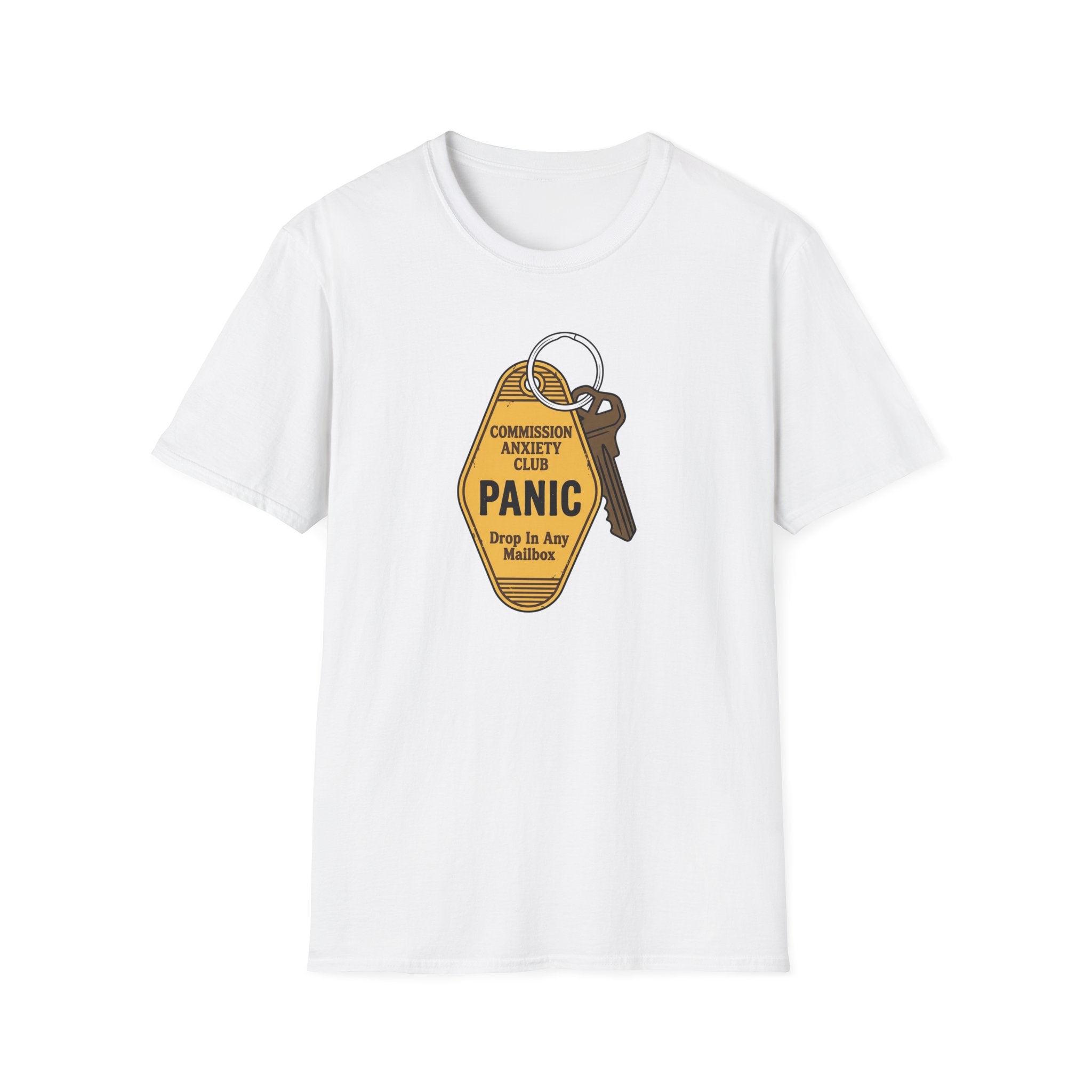 Panic Keychain Graphic T-Shirt — "Commission Anxiety Club" Vintage Badge Tee