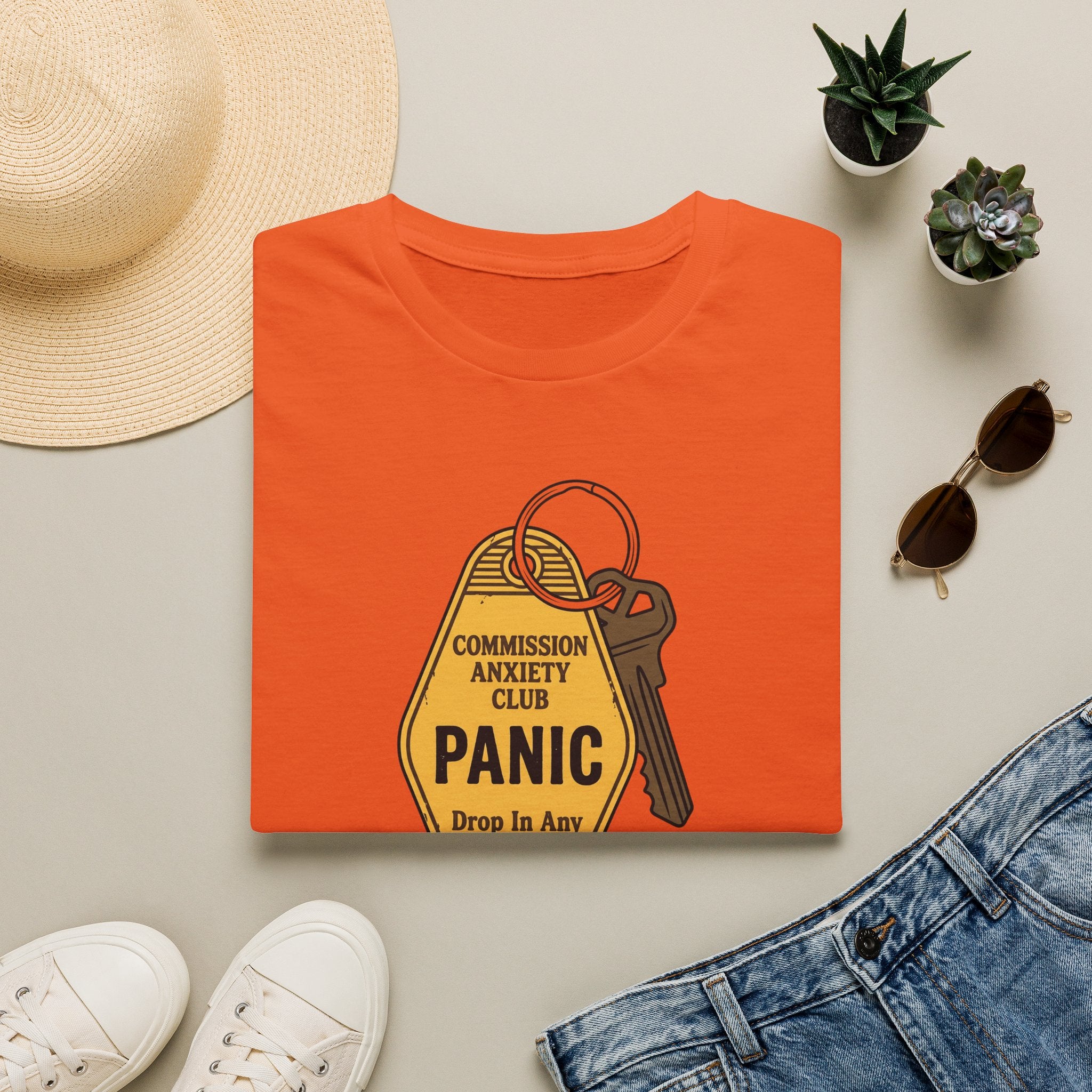Panic Keychain Graphic T-Shirt — "Commission Anxiety Club" Vintage Badge Tee