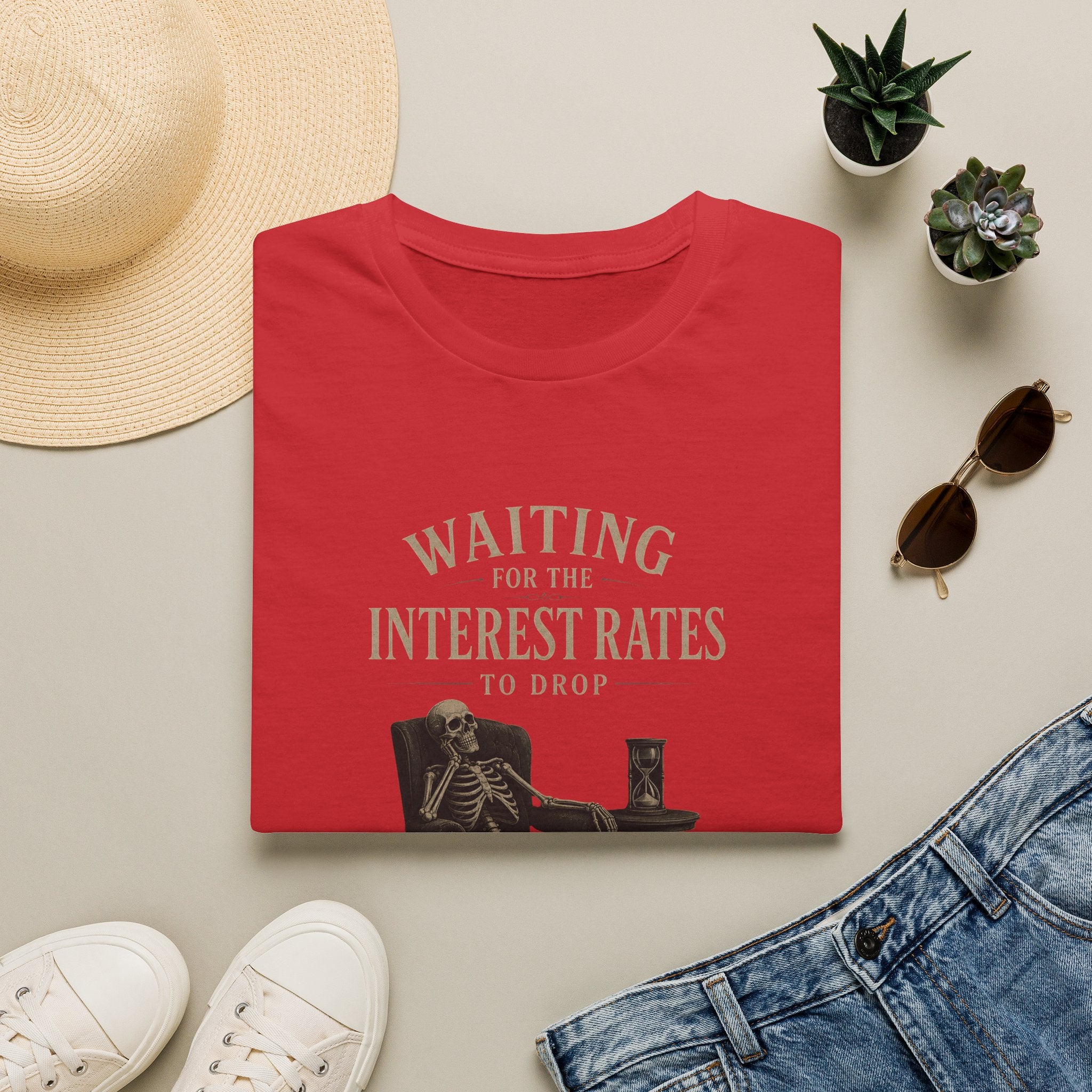 Waiting for the Interest Rates to Drop T‑Shirt — Funny Skeleton Financial Humor Tee