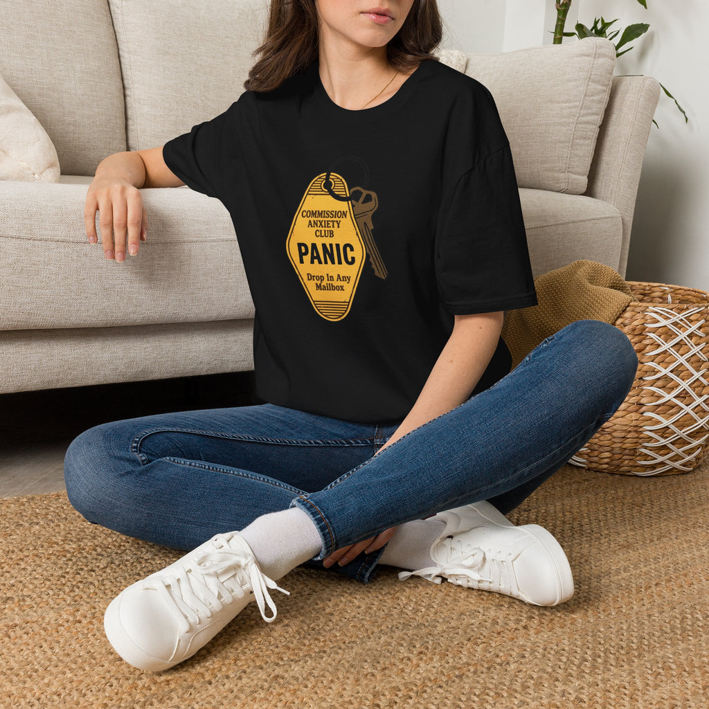 Panic Keychain Graphic T-Shirt — "Commission Anxiety Club" Vintage Badge Tee