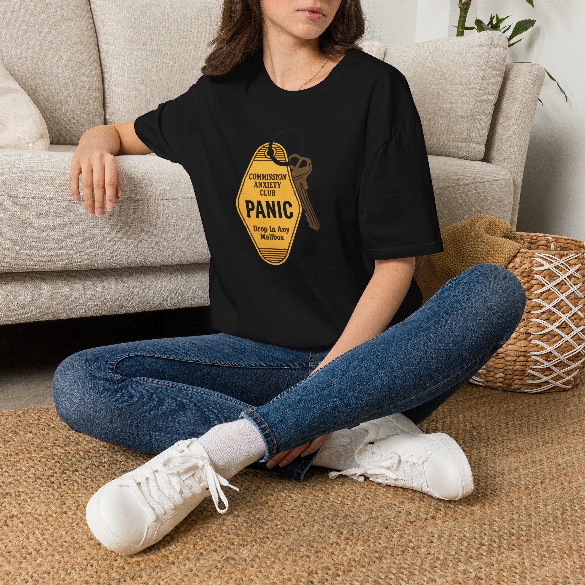 Panic Keychain Graphic T-Shirt — "Commission Anxiety Club" Vintage Badge Tee