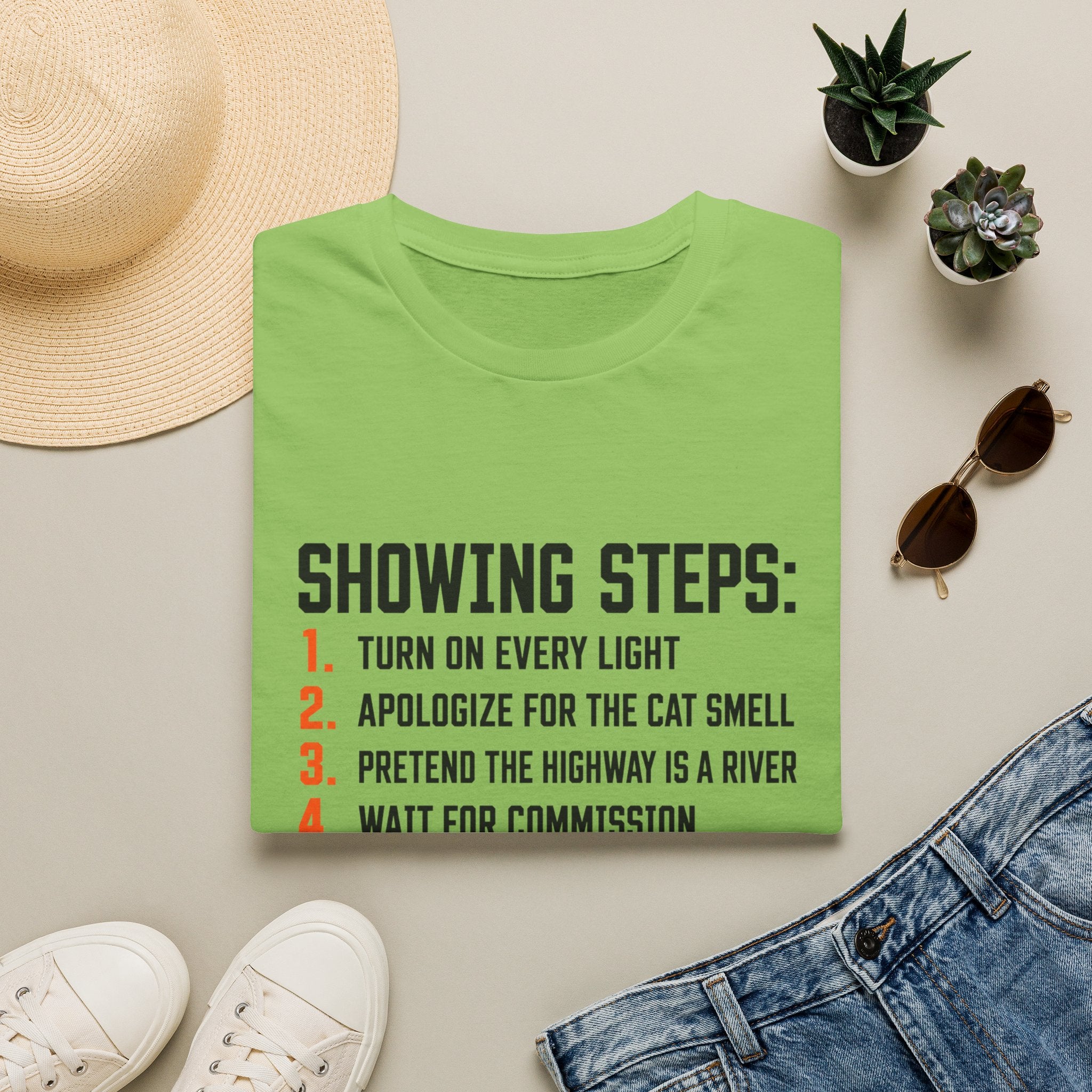 Showing Steps T-Shirt — Funny Real Estate Agent Shirt ("Turn On Every Light, Apologize for the Cat Smell")