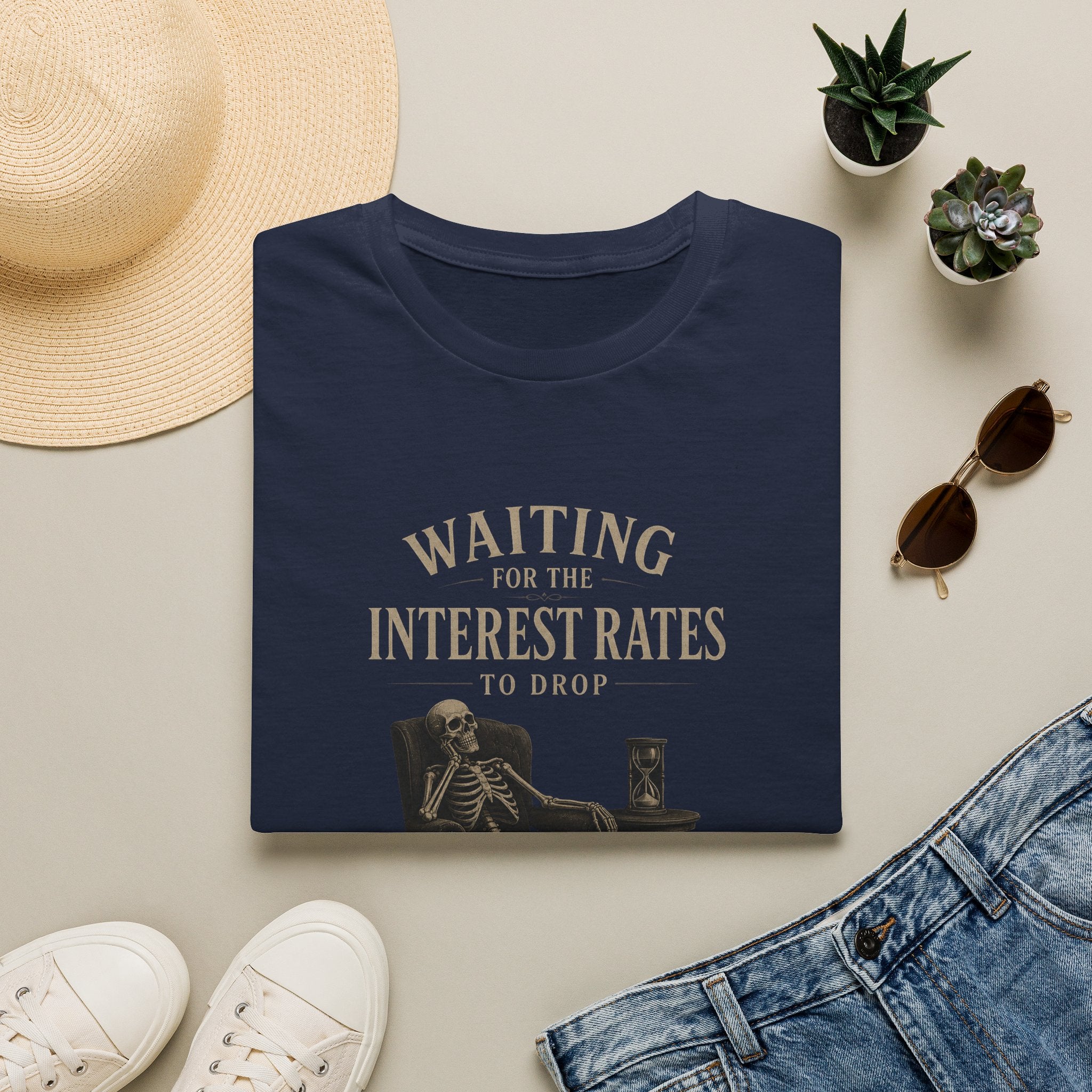 Waiting for the Interest Rates to Drop T‑Shirt — Funny Skeleton Financial Humor Tee