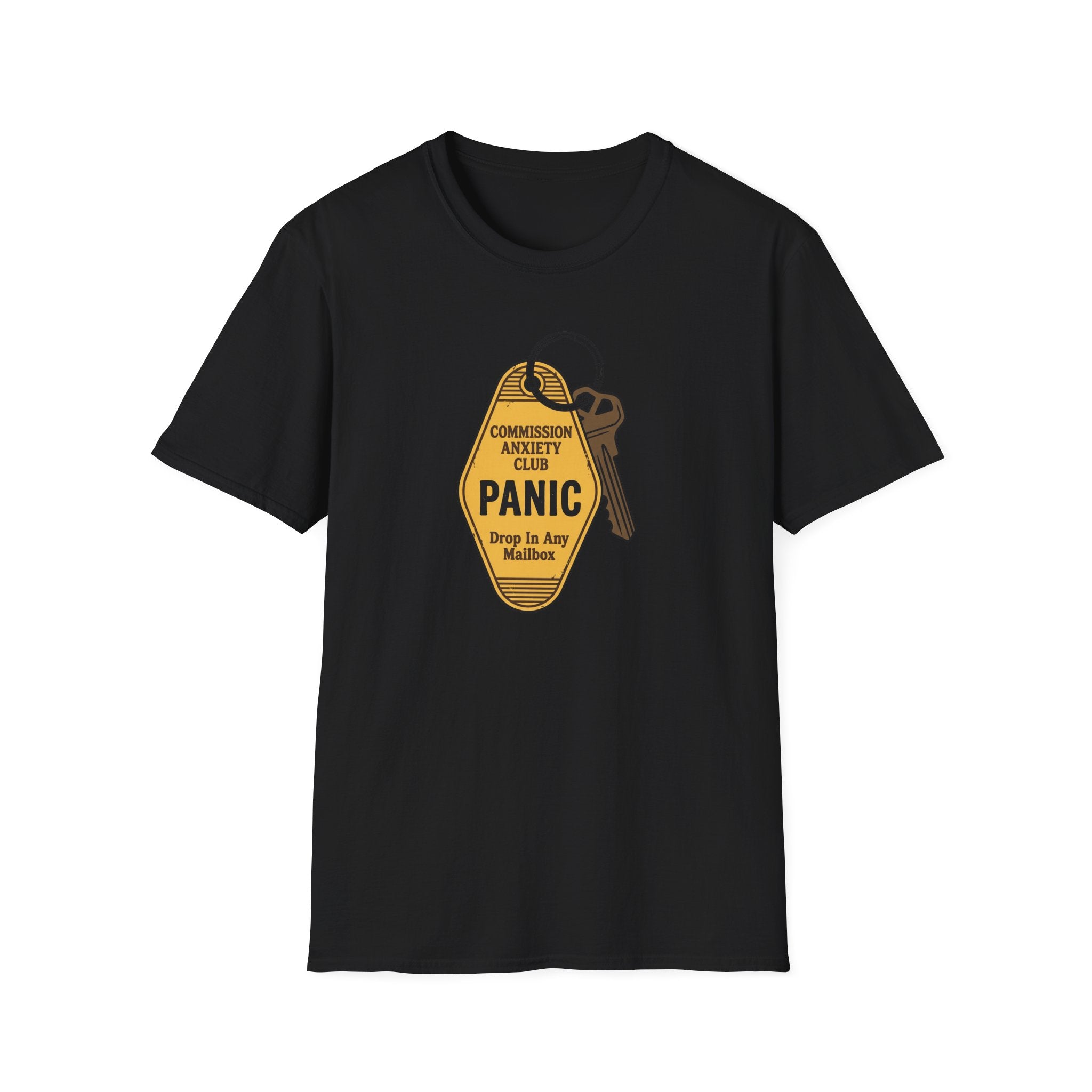 Panic Keychain Graphic T-Shirt — "Commission Anxiety Club" Vintage Badge Tee