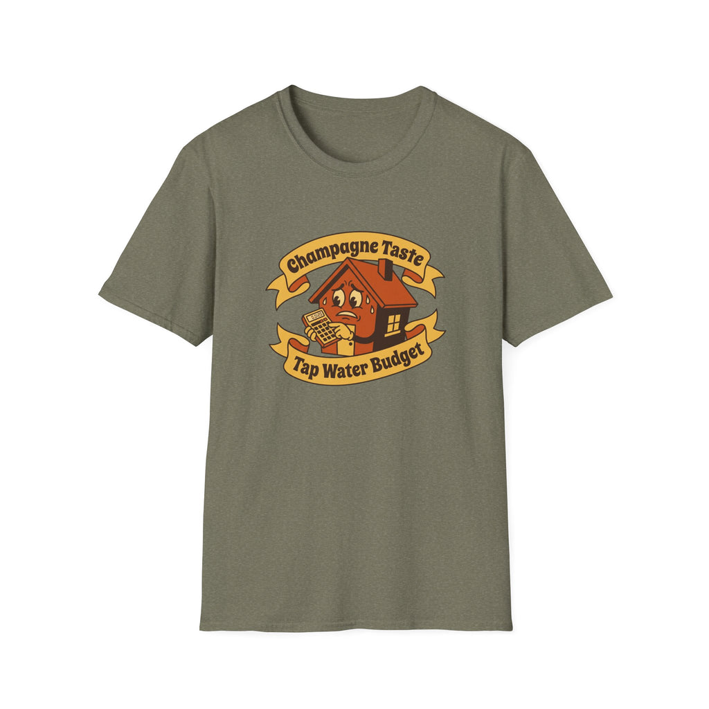 T-Shirt — "Champagne Taste, Tap Water Budget" Retro House Graphic Tee