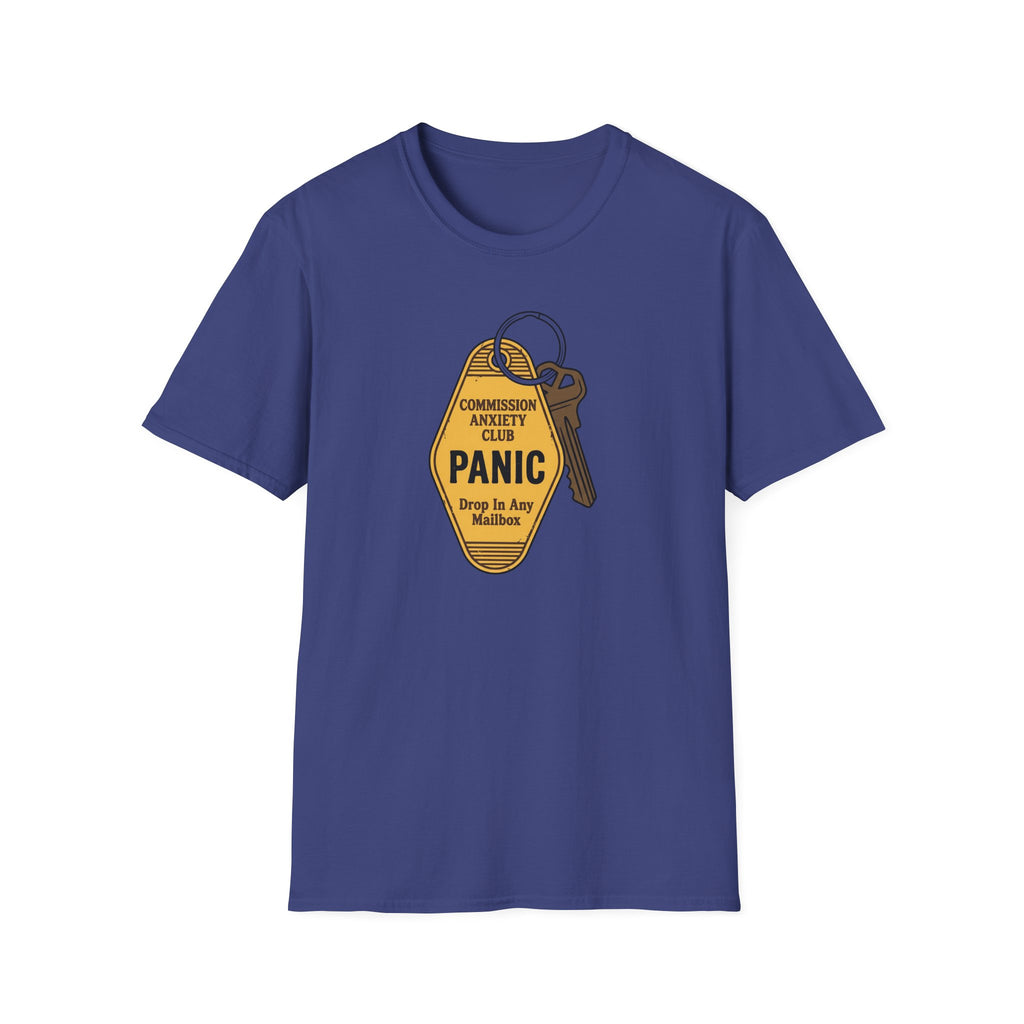 Panic Keychain Graphic T-Shirt — "Commission Anxiety Club" Vintage Badge Tee