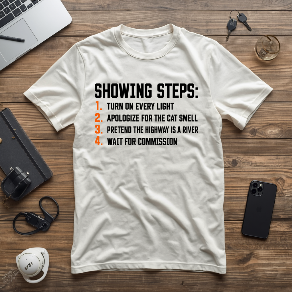 Showing Steps T-Shirt — Funny Real Estate Agent Shirt ("Turn On Every Light, Apologize for the Cat Smell")