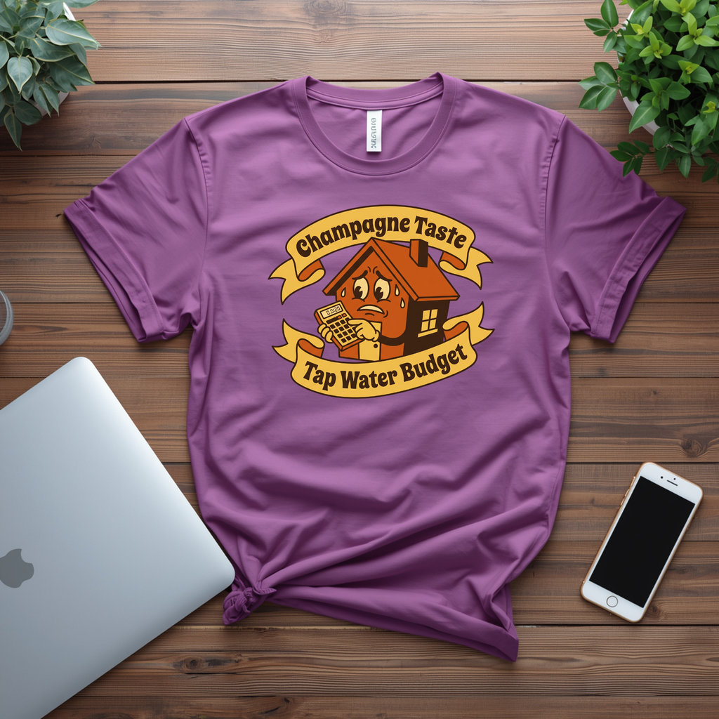 T-Shirt — "Champagne Taste, Tap Water Budget" Retro House Graphic Tee