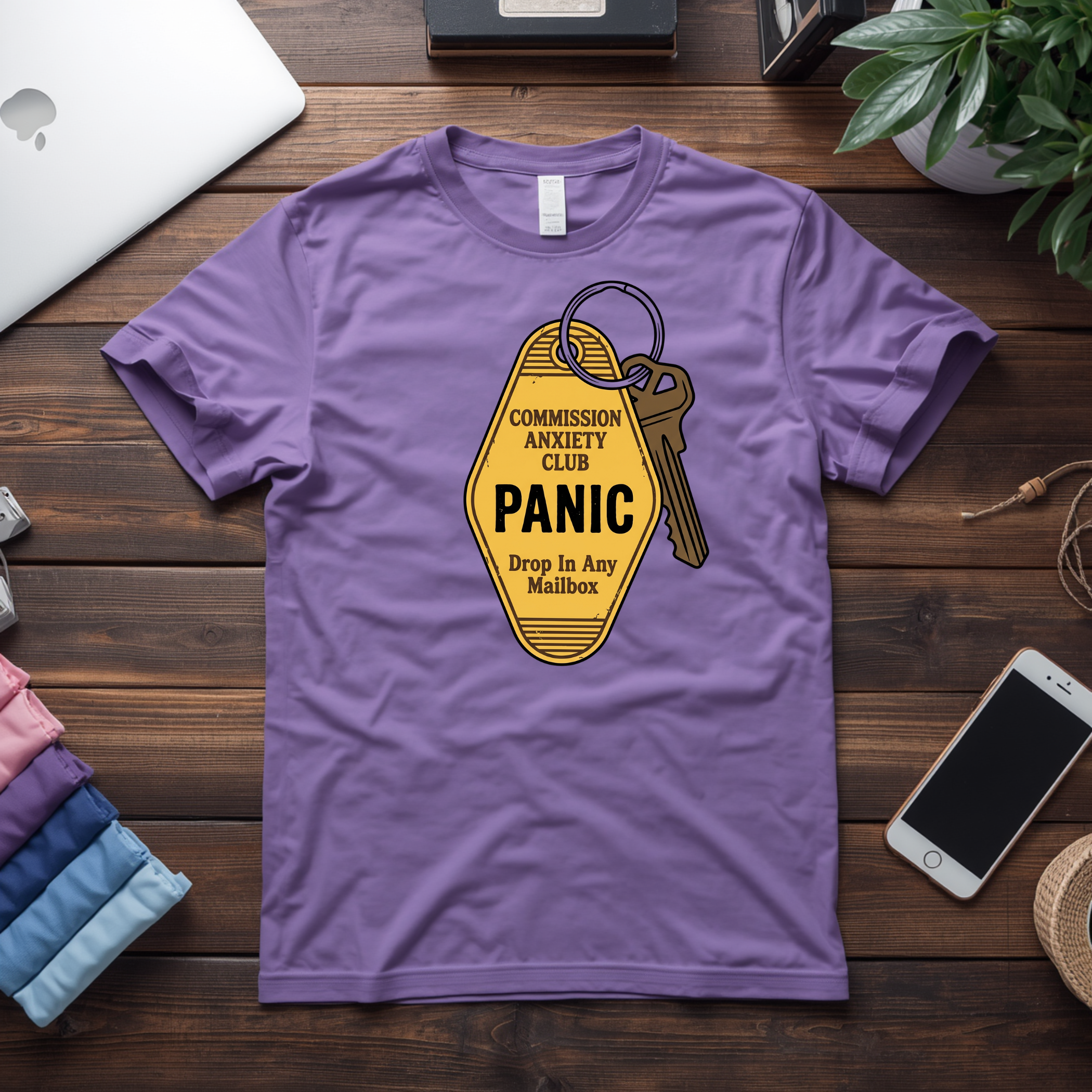 Panic Keychain Graphic T-Shirt — "Commission Anxiety Club" Vintage Badge Tee