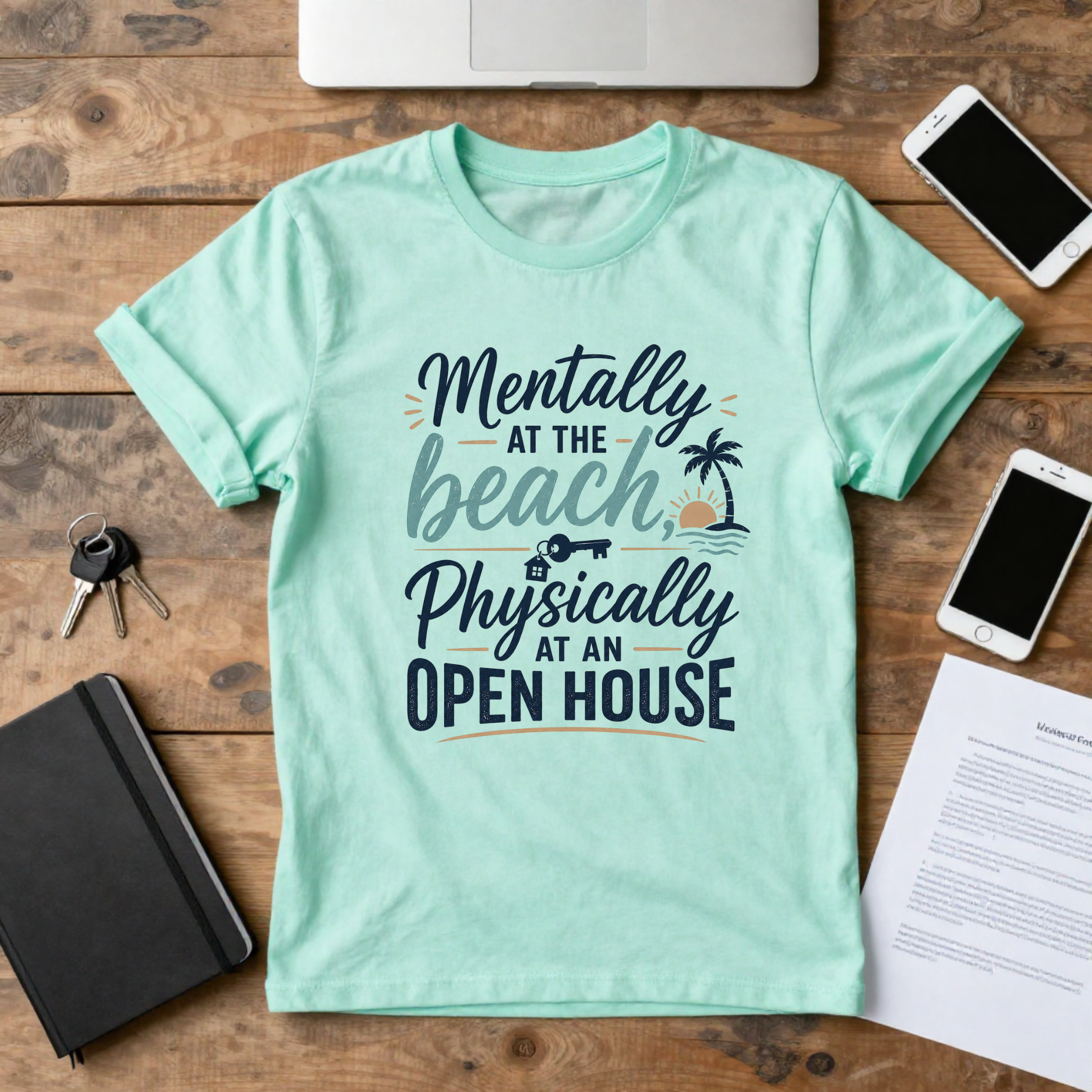 Mentally at the Beach T-Shirt — "Mentally at the Beach, Physically at an Open House" Summer Tee