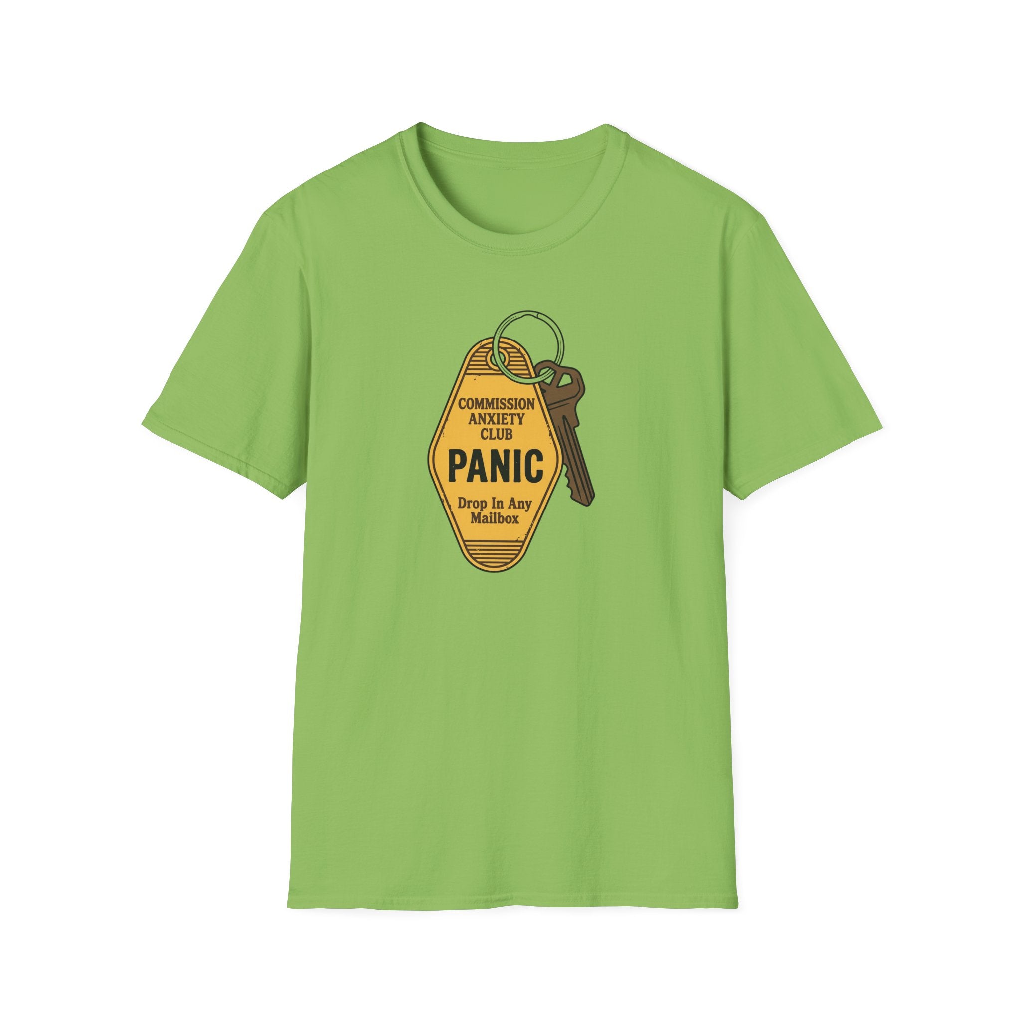 Panic Keychain Graphic T-Shirt — "Commission Anxiety Club" Vintage Badge Tee