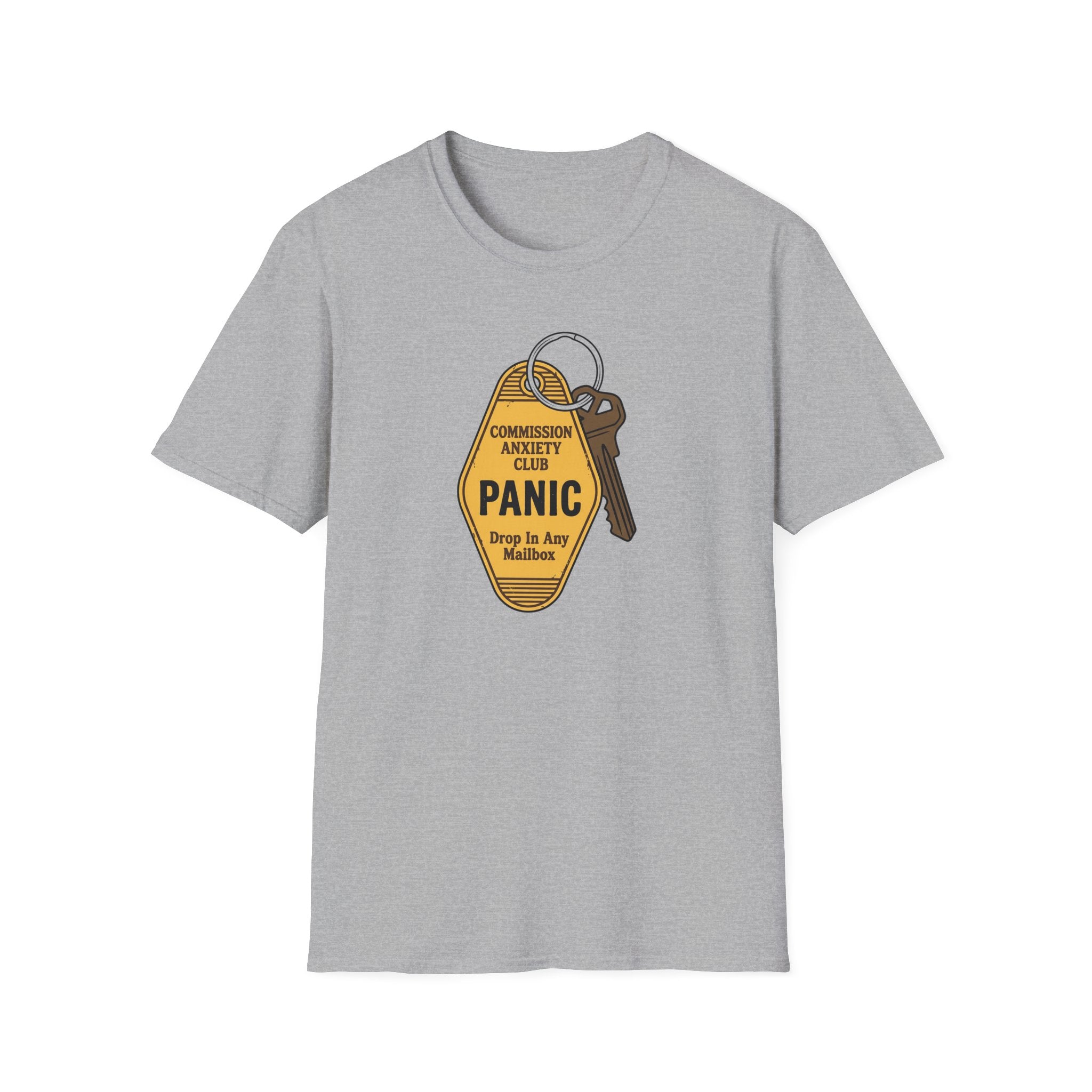 Panic Keychain Graphic T-Shirt — "Commission Anxiety Club" Vintage Badge Tee