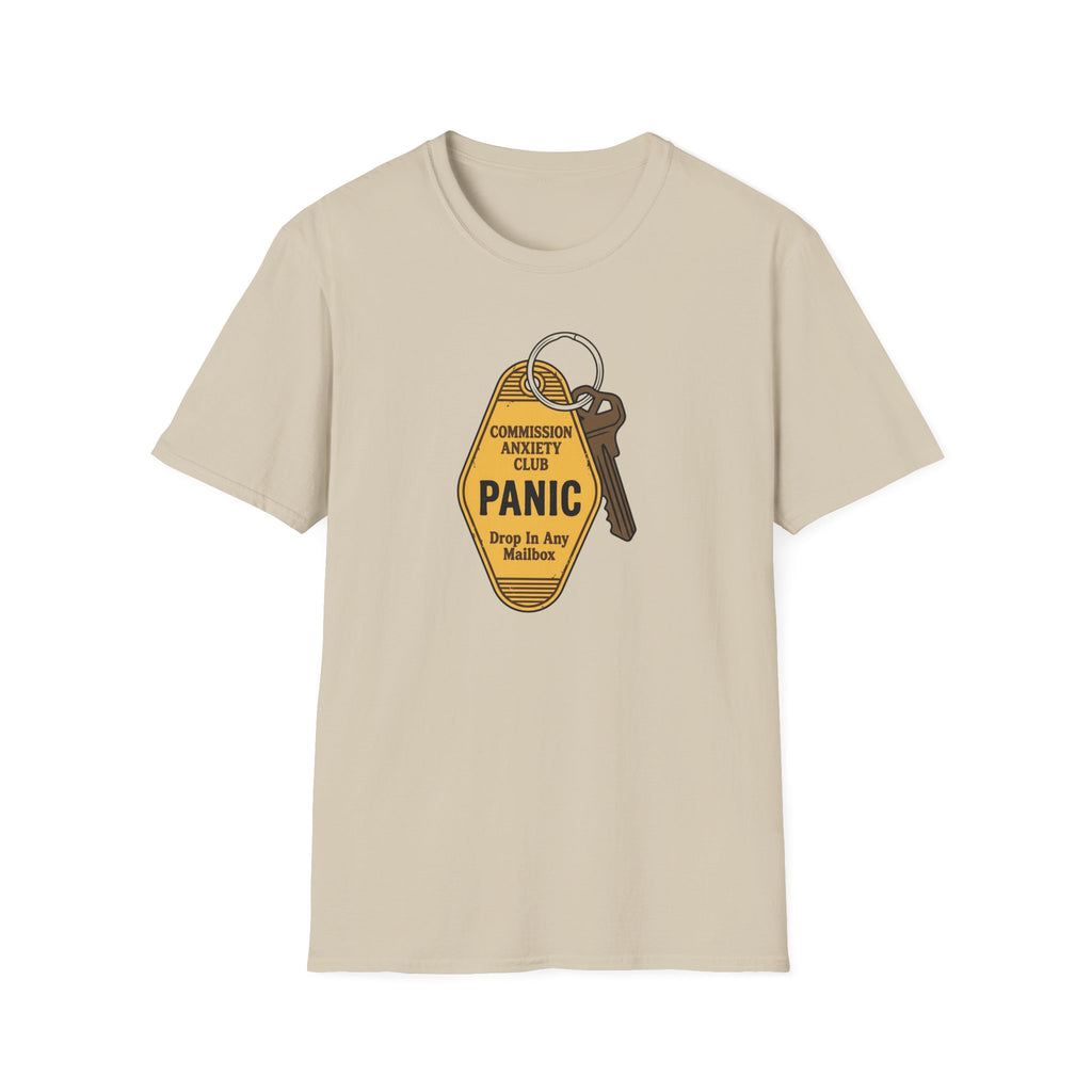 Panic Keychain Graphic T-Shirt — "Commission Anxiety Club" Vintage Badge Tee