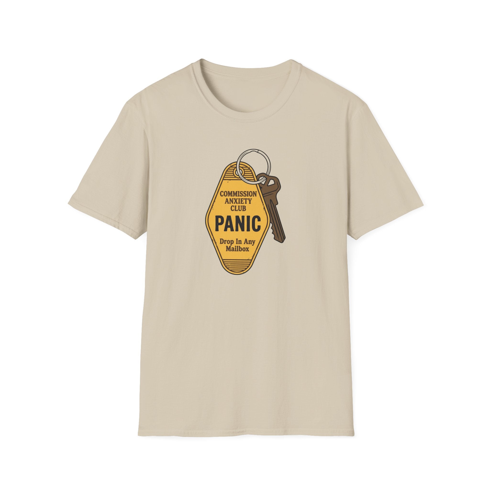 Panic Keychain Graphic T-Shirt — "Commission Anxiety Club" Vintage Badge Tee