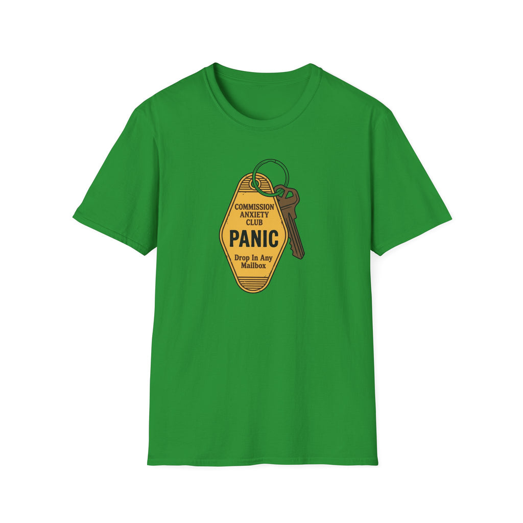 Panic Keychain Graphic T-Shirt — "Commission Anxiety Club" Vintage Badge Tee