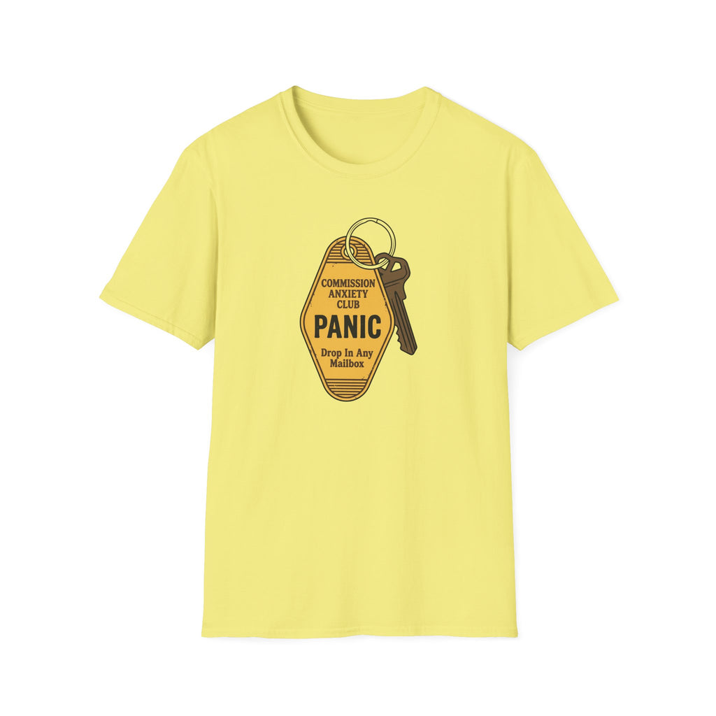 Panic Keychain Graphic T-Shirt — "Commission Anxiety Club" Vintage Badge Tee